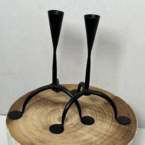 Pair Of Vintage Scandinavian Wrought Iron Tapered Candlesticks 9”